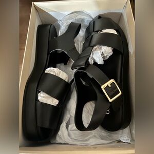 NWT On 34th Elegant Black Sandals with Gold Buckle